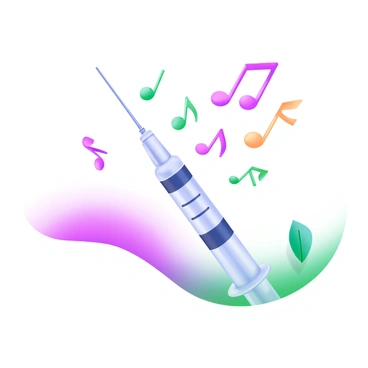 A syringe with a clear body and a metallic needle is positioned upright. From the tip of the needle, colorful musical notes are floating into the air. The notes vary in size and shape, with some resembling quarter notes, eighth notes, and treble clefs. The background is a soft gradient of pastel colors, enhancing the whimsical atmosphere of the scene. The overall composition highlights the syringe as the source of the musical notes, creating a dynamic visual interaction between the two elements.