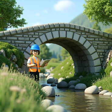 A civil engineer with short brown hair and glasses, wearing a blue hard hat and a high-visibility vest, is closely examining an old, historic stone bridge. The bridge has an arched structure made of weathered gray stones, with moss growing in the crevices. The countryside setting is lush and green, dotted with wildflowers and a clear blue sky in the background. A gentle stream flows beneath the bridge, reflecting the sunlight. The engineer is holding a clipboard and pencil, taking notes while studying the bridge's structural integrity.