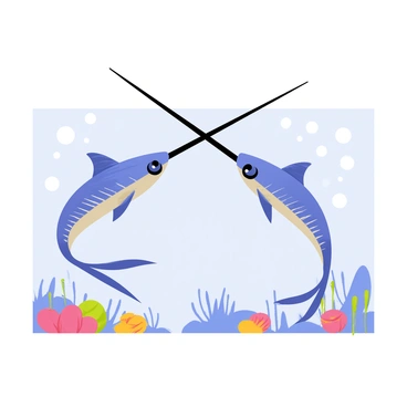 Two swordfish with long, slender bodies and sharp, pointed bills are engaging in a playful duel under the sea. Their skin is a vibrant blue with shimmering scales that reflect the light. Bubbles are rising around them as they swim gracefully through the clear water, creating a sense of movement. One swordfish is slightly larger and is playfully swiping its bill towards the other, who is evading the attack with a swift maneuver. Colorful coral reefs and schools of small fish can be seen in the background, adding depth to the underwater scene.