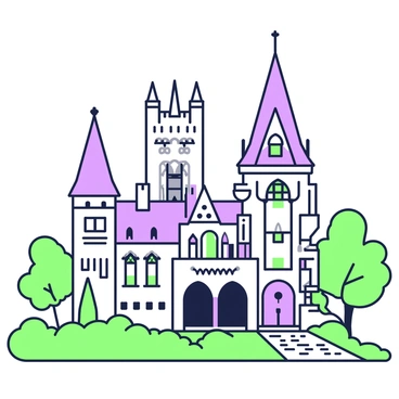 A newly constructed annex of a gothic castle stands prominently in the foreground. The annex features sharp spires and intricate stone carvings that reflect traditional gothic architecture. In contrast, modern elements such as large glass windows and sleek metal accents are integrated into the design. Surrounding the annex, there are lush green trees and a manicured lawn, enhancing the overall scene. The castle's towering main structure looms in the background, showcasing its historical grandeur. A cobbled pathway leads to the entrance of the annex, inviting visitors to explore this unique blend of architectural styles.