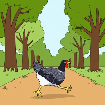 A guinea fowl with a mottled black and white plumage confidently strides across a brown dirt road. The bird has a distinctive round head and a small wattle hanging beneath its beak. On either side of the road, tall green trees with leafy branches create a natural border. The trees provide dappled sunlight that falls onto the ground, highlighting the textured surface of the dirt road. The scene captures the vibrant colors of nature, with patches of grass peeking through the soil along the edges.