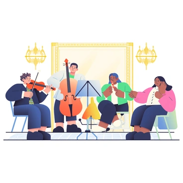 A group of musicians is performing in an ornate hall. There are three men and two women among them. One man with curly hair is playing a violin, wearing a dark blue suit with golden embellishments. Another man, dressed in a white shirt and black trousers, is playing the cello. One woman, with long flowing hair, is playing a flute, while another woman is seated, playing a harpsichord. The musicians are surrounded by intricate gold decorations on the walls and lavish chandeliers hanging from the ceiling. The wooden floor reflects the soft light from the chandeliers, creating a warm ambiance in the hall.