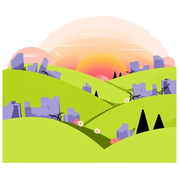 A landscape of Teyvat featuring rolling hills with lush green grass. The hills are dotted with ancient stone ruins, partially overgrown with vines and flowers. In the background, a glowing sunset casts vibrant orange, pink, and purple hues across the sky, creating a warm atmosphere. Soft clouds float in the sky, reflecting the colors of the sunset. The scene captures the beauty of nature and the remnants of history within the landscape.