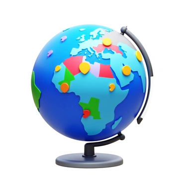 A 3D digital globe displaying continents and oceans. Various countries are highlighted with vibrant colors, and large question marks are scattered across the globe to indicate areas of interest. The question marks are in contrasting colors to ensure visibility against the globe’s surface. The globe is presented on a sleek, modern base, giving it a polished look.
