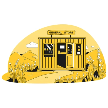 A rural general store constructed from a single shipping container with a weathered exterior. The store has a large, open door displaying various goods inside. Surrounding the store are expansive fields of tall grass and wildflowers swaying gently in the breeze. A dirt path leads up to the entrance of the store, with a wooden sign hanging above the door that reads "General Store" in bold letters. In the distance, there are rolling hills that frame the landscape, completing the tranquil rural scene.