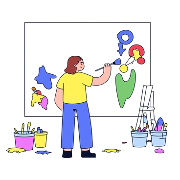 An individual with long brown hair, wearing a yellow t-shirt, is standing in front of a large blank wall. They are surrounded by various art supplies, including paintbrushes, buckets of bright acrylic paints, and a small ladder. The individual is holding a paintbrush and is in the process of painting bold, colorful shapes and patterns on the wall. The mural features vibrant colors such as blue, red, and green, illustrating abstract symbols that represent growth and self-acceptance. The floor is scattered with paint splatters and empty paint tubes, adding to the creative atmosphere.