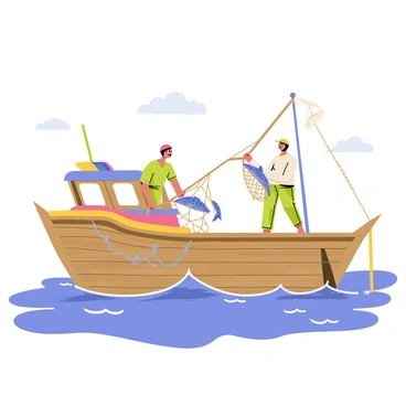 A traditional fishing boat with a wooden hull is sailing in the open sea. The boat features a colorful canopy and is adorned with fishing nets hanging over the sides. Two fishermen are actively pulling in a large catch of fish, with nets full of shimmering fish being lifted from the water. The sea is a vibrant blue, and small waves can be seen splashing against the boat's hull. The sky above is clear with a few fluffy white clouds.