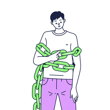 A person is standing with their body partially wrapped in a chain made of green links. The chain encircles their torso and arms, creating a sense of confinement. The person's expression reflects a mix of contemplation and unease, suggesting the emotional weight of envy. They are dressed in casual clothing, consisting of a fitted shirt and pants. The background is minimal, focusing attention on the figure and the intricate details of the green chain, which has a glossy texture that catches the light in certain areas.