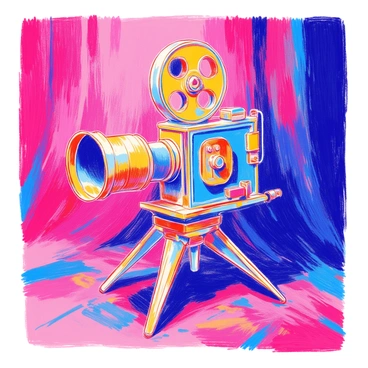 A retro movie camera from the golden age of Hollywood is positioned prominently. The camera features intricate details such as a large lens, vintage knobs, and a classic film reel. It sits on a sturdy tripod. In the background, there is a rich, deep red velvet backdrop that adds a luxurious texture to the scene. Soft light illuminates the camera, highlighting its polished surfaces and enhancing the vintage aesthetic.