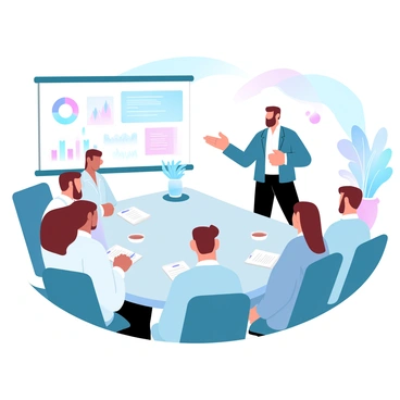 A group of five employees is seated around a large table in a brightly lit conference room. Each employee is focused on a dynamic speaker standing at the front, gesturing while holding a pointer. The speaker is wearing a blazer and has an engaging posture. The table is scattered with notepads, pens, and cups of coffee. In the background, a large screen displays colorful slides with charts and graphics related to the workshop topic. Several plants are placed around the room, adding a touch of greenery to the environment.