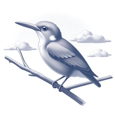 A kingfisher perched on a slender branch. Its distinctive shape is captured in silhouette, showcasing its pointed beak and compact body. The background features a gradient sky transitioning from deep black to shades of white, indicating the early light of dawn. Cloud formations are subtly revealed in the sky, emphasizing the scene of a new day beginning.