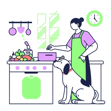 A playful dog is sitting on the kitchen floor, attentively watching its owner cook. The owner is wearing an apron, stirring a large pot on the stove with a wooden spoon. The kitchen is filled with various colorful vegetables and spices scattered across the countertop. There are pots and pans hanging above the stove, and a wall clock is ticking in the background. The dog has its tail wagging, its ears perked up, and its eyes focused on the owner, ready for any food that might drop. Sunlight streams in through a window, illuminating the busy scene.