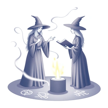 Two witches are depicted standing together, engaged in a collaborative spell. One witch is wearing a long, flowing robe with intricate patterns, her hands raised as she channels energy. The other witch has a pointed hat and is holding a staff, focusing her gaze on a glowing spell book open in front of them. Around them, there are swirling energies illustrated as dynamic, flowing lines and spark-like motifs. The background features elements that suggest an enchanted atmosphere, such as ancient, stone-like runes and symbols etched into the ground beneath them.