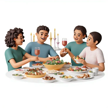A dinner table is set with an array of colorful dishes, including a large salad, grilled vegetables, and various appetizers. Four friends are gathered around the table, raising their glasses in a toast, smiling and laughing. One friend, a woman with curly hair wearing a green dress, holds a glass of red wine. Another friend, a man in a blue shirt, reaches for a dish while another woman, wearing a patterned blouse, is pouring a drink. The atmosphere is warm with soft lighting illuminating the cheerful expressions of the friends. In the background, there are decorative candles and a vibrant centerpiece of flowers.