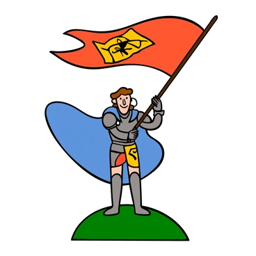 A woman, resembling "Jeanne d'Arc," is standing boldly with light skin and short, wavy hair. She is wearing a suit of armor that gleams in the sunlight, with a blue cape flowing behind her. In her hands, she is waving a large, colorful banner that flutters dynamically in the wind, with intricate designs and symbols. The scene captures her determination and strength, with her eyes focused ahead as she stands on a grassy hilltop, surrounded by a clear blue sky.