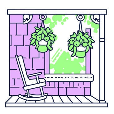 A cozy porch features two hanging baskets filled with lush ferns. The baskets are suspended from ornate brackets attached to the ceiling, with a gentle sway visible. Sunlight filters through nearby foliage, creating dappled light patterns on the wood floor of the porch. A wooden rocking chair is positioned to the side, with a soft cushion resting on it. The wall behind showcases wooden planks with a rustic texture, enhancing the overall warmth of the setting.