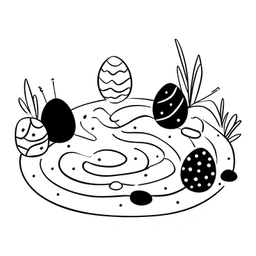 Various "Easter eggs" of different sizes and patterns arranged neatly in a "peaceful Zen garden." The garden features intricately "raked sand designs" creating smooth, swirling patterns that enhance the tranquility of the scene. Several "small stones" and "delicate plants" are positioned around the eggs, adding to the serenity of the composition. The contrasting shapes and textures of the eggs and the raked sand create a visually engaging arrangement.