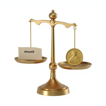 A balance scale made of polished brass, elegantly designed with intricate details. On one side of the scale, there is a shiny gold coin with a detailed engraving of a historical figure. On the opposite side, a document marked with the word "annuity" in bold, black letters is placed flat. The document has a slightly wrinkled texture, suggesting it has been handled. The background is neutral, allowing the focus to remain on the balance scale and the contrasting items being weighed.