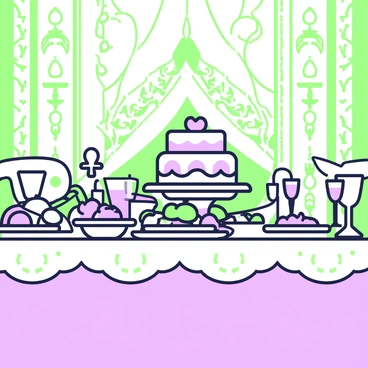 A historical scene depicts a lavish banquet table set for a feast. The table is adorned with an ornate tablecloth, draping elegantly over the edges. At the center of the table, there is a grand torte, intricately decorated with layers and garnishes. Surrounding the torte, there are several plates filled with an array of fruits, cheeses, and roasted meats. Silver goblets and intricately designed cutlery are placed neatly at each setting, glinting under soft light. The background features elaborately decorated walls with tapestries, enhancing the sense of grandeur in the setting.