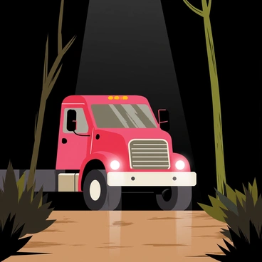 A large red truck with bright white headlights is parked on a narrow forest trail. The headlights cast a beam of light that cuts through the darkness, illuminating the path ahead. Tall trees with dark green leaves line both sides of the trail, creating a dense canopy overhead. The ground is covered with a mix of brown leaves and small rocks, reflecting the glow from the headlights. In the background, shadows of the trees stretch into the darkness, enhancing the sense of depth in the forest.