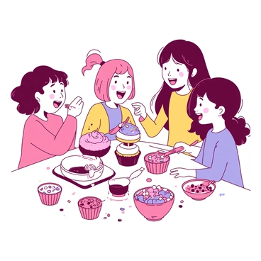 A group of children is gathered around a large table, each child focused on decorating their cupcakes. One child is applying bright pink icing to a vanilla cupcake, carefully swirling the icing with a small spatula. Another child, with a big smile, is sprinkling colorful confetti on their cupcake, which has a layer of vibrant yellow icing. A third child is reaching for a bowl filled with various toppings, including chocolate chips and gummy candies. The table is cluttered with cupcake liners, tubes of icing in various colors, and bowls filled with different kinds of sprinkles. The atmosphere is filled with laughter and excitement as they create their sweet treats.