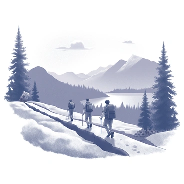 A group of hikers walking along a narrow trail through a mountainous landscape. The hikers are wearing backpacks and appropriate outdoor gear. The trail is bordered by rugged terrain and patches of grass. In the distance, a large lake is visible, reflecting the surrounding mountains and trees. The sky above shows a few clouds, indicating an active outdoor environment. The hikers are engaged in conversation, enjoying the view as they progress along the path.