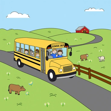 A yellow school bus with large windows is driving along a narrow winding rural road. The bus has its door open, and a few children can be seen waving excitedly from the windows. On either side of the road, expansive fields of green grass stretch out, dotted with wildflowers in various colors. In the foreground, a few curious cows are grazing peacefully, while a couple of sheep are situated on a nearby hill. A wooden fence runs alongside the road, and in the distance, a red barn can be seen under a bright blue sky with fluffy white clouds.