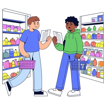Two shoppers stand side by side in a grocery store aisle, each holding a shopping basket. Both shoppers are looking at their shopping lists, which are identical. One shopper has short brown hair and wears a blue t-shirt, while the other has curly black hair and is dressed in a green hoodie. Around them, shelves are stocked with various grocery items such as fruits, vegetables, and canned goods. The shoppers share a surprised expression as they glance at each other, highlighting their discovery of having the same list.