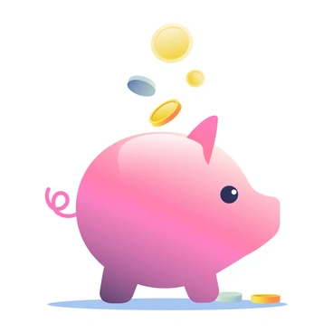 A large pink piggy bank is centered in the image, its glossy surface reflecting light. Coins in various shades of gold and silver are mid-air, being dropped into the piggy bank from above. Some of the coins are catching the light, creating small highlights. Around the base of the piggy bank, a few coins have already spilled out, scattered on a smooth surface. The background is neutral to emphasize the colorful piggy bank and the coins.