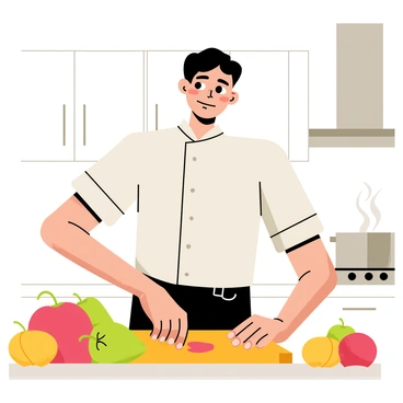 A man named Adam is standing in a stylish kitchen, wearing a white chef's coat and a black apron. He is chopping fresh vegetables on a wooden cutting board. The kitchen features sleek stainless steel appliances and white cabinets. A colorful array of ingredients, including vibrant red tomatoes, green bell peppers, and yellow onions, is spread across the counter. The overhead lights cast a warm glow, illuminating the space. In the background, a pot is simmering on the stove, releasing steam. Adam looks focused as he prepares a gourmet meal.