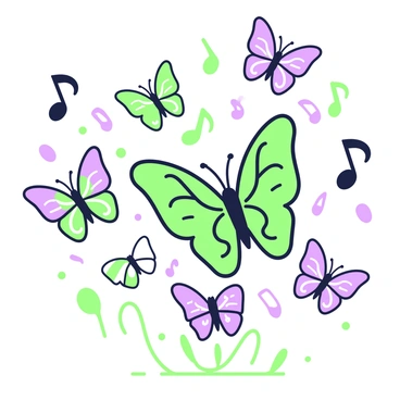 A group of butterflies is fluttering in the air, each butterfly shaped like a musical note. The butterflies are engaging in a graceful dance, with their wings open wide, displaying intricate patterns and forms reminiscent of various musical notes. The scene captures the movement of the butterflies as they drift through the air, creating a dynamic and lively atmosphere. Some butterflies are soaring higher, while others are fluttering closer to the ground, adding depth to the composition.