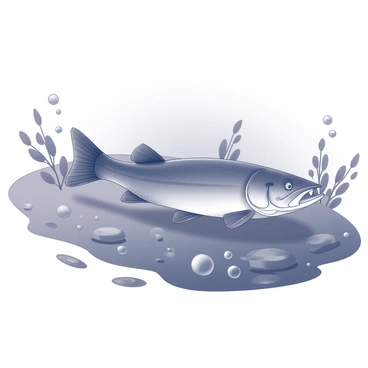 A pike fish is swimming through murky waters. Its streamlined body is partially submerged, with only the top of its back visible above the surface. The fish's elongated shape and sharp teeth are evident, emphasizing its predatory nature. Water plants and debris float around, creating an environment that enhances the stealth of the pike. Bubbles rise around it, adding to the sense of movement and life in the water. The scene captures the essence of the pike's natural hunting instincts as it navigates through the shadows.