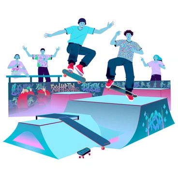 A bustling skate park filled with skateboarders of diverse backgrounds showcasing their skills. Several skateboarders are captured mid-air, performing tricks above ramps and rails. One skateboarder, with short brown hair and wearing a black helmet, is executing an impressive kickflip, while another, with vibrant green hair and a graffiti-covered shirt, is grinding along a rail. In the background, a group of spectators is cheering and taking photos, with a bright blue sky overhead. The park features colorful murals on the walls, adding energy to the scene, and various skateboards scattered around the ground.