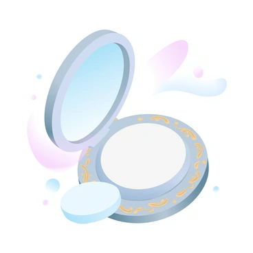 An antique compact mirror is open, revealing a round pressed powder inside. The powder is smooth and a soft pastel shade. Next to the powder is a small, fluffy puff that is slightly curved, resting on the edge of the compact. The exterior of the compact mirror features intricate floral designs in a muted gold tone, adding to its vintage charm. The background consists of a soft gradient of pastel colors, enhancing the delicate aesthetic of the scene.