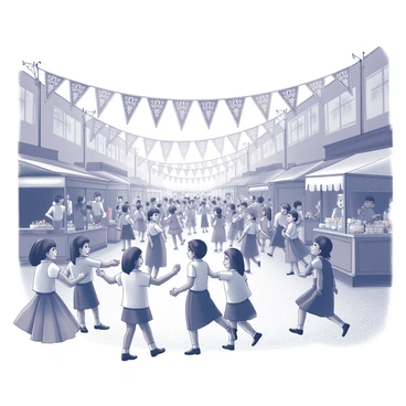 A vibrant street scene filled with children and adults celebrating "Pohela Boishakh". The atmosphere is lively, with groups of people dressed in traditional attire. Colorful banners hang above, adorned with festive patterns and motifs. Some individuals are joyfully dancing, while others are playing musical instruments. A small parade is taking place, featuring floats decorated with flowers and cultural symbols. Stalls line the streets, offering traditional foods and sweets, adding to the festive excitement of the day.