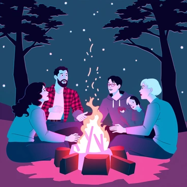 A group of five people sitting around a bright, crackling campfire at night. The fire casts warm light on their faces, illuminating their expressions of curiosity and wonder. Sparks are rising into the dark sky, creating a shimmering effect. One person, a middle-aged man with a beard, is animatedly telling a story, his hands gesturing to emphasize his words. The others, a young woman with curly hair, a rugged man wearing a flannel shirt, a teenager in a hoodie, and an elderly woman with glasses, are leaning in, captivated by the tale. Surrounding them are tall trees silhouetted against the starry sky, adding to the ambiance of the scene.
