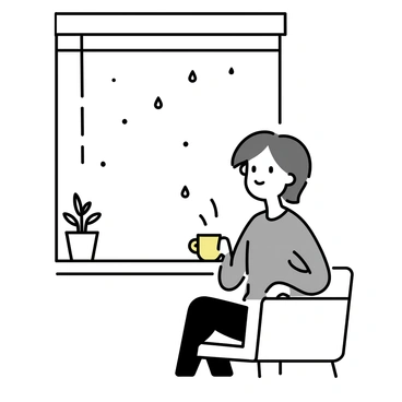 A person sitting on a simple wooden chair by a large window. The window is slightly open, allowing raindrops to bead on the glass, with some droplets falling onto the windowsill. The person has short hair and is wearing a comfortable gray sweater. They have a peaceful expression, looking outside while holding a warm cup of tea in their hands. The room is minimally furnished, with a small potted plant on the side table, enhancing the cozy atmosphere.