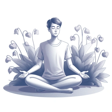 A person sitting cross-legged on a patch of grass in a garden. The individual has their eyes closed and hands resting on their knees, embodying a meditative posture. Around them, there are numerous flourishing "bleeding heart" flowers, characterized by their distinctive heart-shaped blooms. The garden is lush, with greenery surrounding the person, enhancing the tranquil atmosphere. The sunlight filters softly through the leaves, casting gentle shadows on the ground.