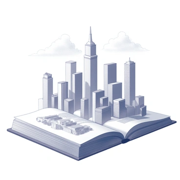 A city skyline rising dramatically from the open pages of a modern architectural book. The book is centered in the foreground, with its pages fanned out, displaying intricate sketches of various buildings. The skyline features tall skyscrapers with distinctive shapes and varied architectural details, including glass facades and unique rooflines. Each building appears to be interconnected, as if the structures are seamlessly transitioning from the illustrations to the real-world environment. The scene captures a sense of creativity and innovation in urban design, with clouds softly framing the skyline above.