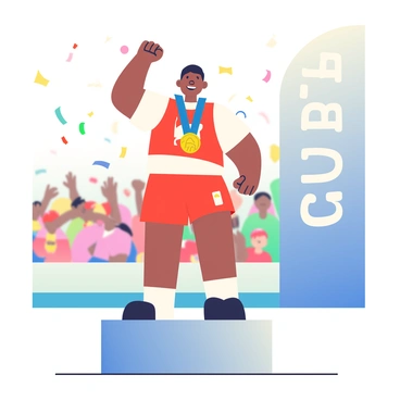 An athlete with dark skin and short hair is standing proudly on a podium, receiving a gold medal around their neck. The athlete is wearing a red and white uniform with their country's flag emblem on the chest. There is a blue ribbon attached to the medal that hangs from their neck. In the background, a crowd of cheering fans is visible, and colorful confetti is falling from above. To the side, a large banner displaying the event's logo is prominently displayed. The athlete has a joyful expression, raising one hand in triumph while the other rests on the medal.