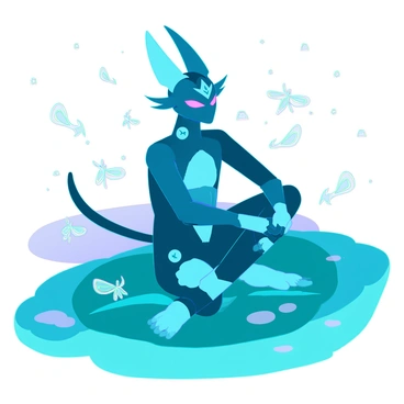 A sleek Greninja with blue skin and a ninja mask is sitting calmly on a large green lilypad in a tranquil pond. Its body is poised in a relaxed manner, with its legs crossed and arms resting lightly on its knees. The water of the pond is still, reflecting the stars above. Glowing fireflies are floating around, creating soft, luminous spots in the air. The night sky is dotted with stars, enhancing the serene atmosphere of the scene.