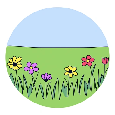 A wide field filled with a variety of wildflowers in bright colors, including yellow, red, and purple blooms. The flowers sway gently in a light breeze. Above, there is a clear blue sky without any clouds. The field stretches towards the horizon, giving a sense of openness. Green grass surrounds the flowers, adding to the vibrant scenery.