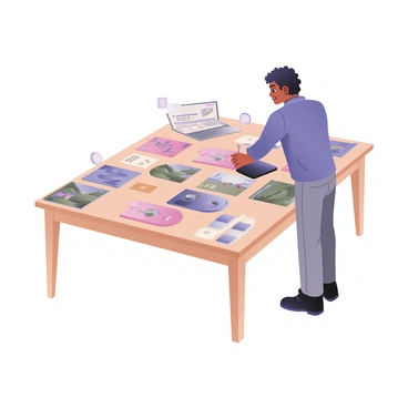 A buyer is standing at a large table covered with various illustrations. The buyer has medium skin and short curly hair, wearing a blue shirt and gray pants. The illustrations are brightly colored and varied in style, featuring landscapes, abstract art, and character designs. Each illustration has a small price tag attached to it, with visible numbers indicating their respective usage prices. The buyer is leaning slightly forward, examining one of the illustrations closely with a thoughtful expression. There are stacks of paper and a laptop on the table, indicating an ongoing decision-making process.