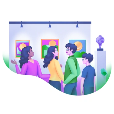 A modern pastel illustration depicting a university's art gallery exhibition. In the foreground, a group of diverse students is gathered, with expressions of admiration on their faces as they observe various pieces of artwork. The students include a girl with long, curly hair wearing a yellow sweater, a boy with glasses and a green jacket, and another student with short hair and a blue shirt. In the background, colorful paintings and sculptures are displayed on the gallery walls, each artwork featuring a vivid palette and unique designs. Soft lighting illuminates the gallery, highlighting the students' engagement with the art.