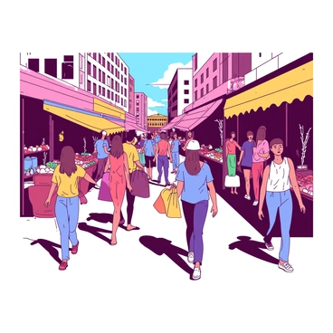 A dynamic city market scene filled with vibrant stalls displaying various goods. The stalls are adorned with colorful fabrics and fruits, creating a lively atmosphere. A diverse crowd of people is bustling through the market, including different ages and ethnicities, engaged in animated conversations. Some individuals are carrying shopping bags, while others are examining the items on display. The sunlight casts warm shadows, enhancing the vividness of the market's colors.