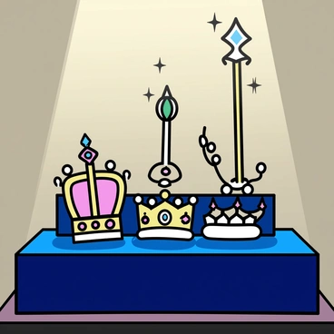 A collection of crown jewels, featuring a variety of intricate designs with gemstones, displayed prominently on a deep blue velvet pedestal. The jewels include a golden crown adorned with rubies and emeralds, a royal scepter with a large diamond, and a necklace with multiple sparkling stones. Soft lighting casts gentle reflections on the jewels, enhancing their brilliance and creating a warm glow in a museum setting. The background consists of a simple wall that highlights the elegance of the display.