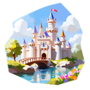 A whimsical castle featuring towering turrets with pointed roofs and decorative flags fluttering in the wind. The structure is made of light-colored stone, giving it a fairytale-like appearance. A wooden drawbridge extends over a shimmering moat filled with clear water, reflecting the castle's grandeur. Lush greenery surrounds the castle, with colorful flowers blooming along the banks of the moat. The sky above is bright blue with fluffy white clouds drifting lazily.