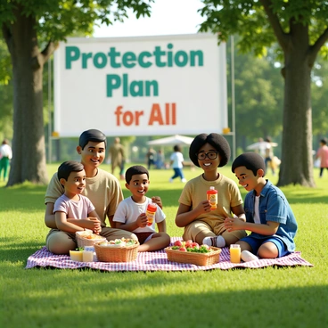 A diverse family consisting of four members is enjoying a picnic in a lush green park in Canada. The family includes a father with light skin, a mother with medium brown skin, a child with dark skin, and another child with light skin. They are seated on a colorful picnic blanket packed with a variety of food items such as sandwiches, fruits, and drinks. The setting features tall trees and people playing in the background. Behind them, there is a large banner that reads "Protection Plan for All," prominently displayed in bold letters. The overall atmosphere is cheerful and vibrant, capturing a moment of togetherness and joy.