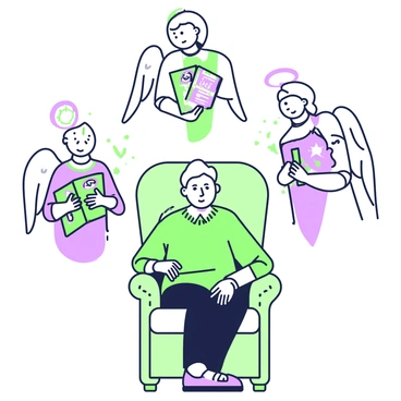 A group of angelic figures with soft, luminous features are hovering above an elderly person seated in a cozy armchair. The elderly person has a gentle expression, with wrinkles that tell a story of a long life, and is dressed in a comfortable sweater. Each angelic figure is holding a memory book with intricate covers, embellished with symbols of time and memory. The angels are positioned in a semi-circle, gazing down with watchful eyes as if offering guidance and protection. The setting features warm lighting, emphasizing the peaceful atmosphere surrounding the elderly person and the angelic figures.