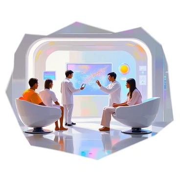 A futuristic clinic features sleek, modern architecture with large glass panels and bright lighting. Inside, advanced technology is integrated into every aspect of personalized healthcare. Medical professionals, dressed in high-tech uniforms, are analyzing genetic data on holographic displays. Patients with diverse backgrounds are seated in comfortable, ergonomic chairs, engaging with interactive health monitors. In the background, a wall screen displays a colorful and detailed genetic map. The atmosphere is bustling yet organized, with an emphasis on cutting-edge medical advancements.